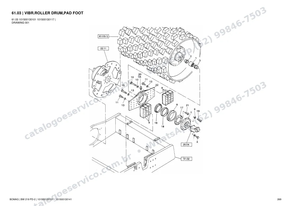 Catálogo de peças Bomag BW 219 PD-2: vista explodida do conjunto 61.03 VIBR.ROLLER DRUM,PAD FOOT