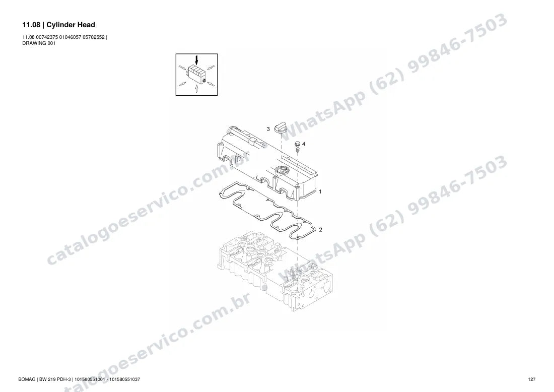 Catálogo de peças Bomag BW 219 PDH-3: vista explodida do conjunto 11.08 Cylinder Head