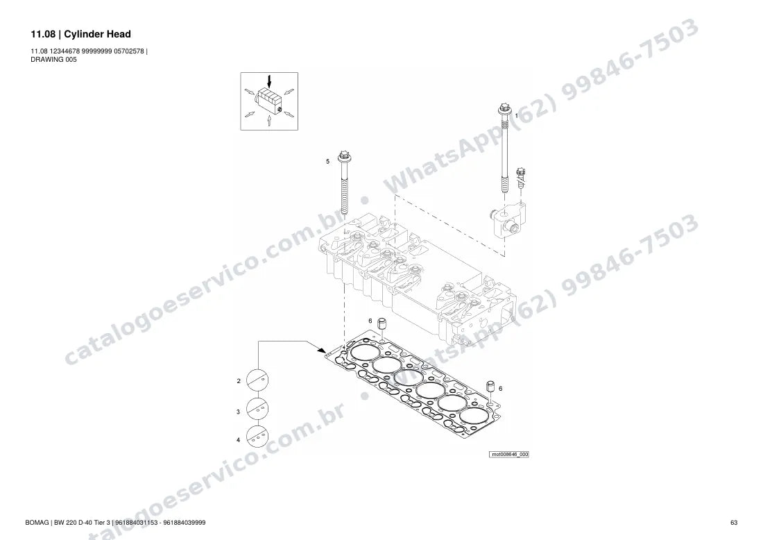 Catálogo de peças Bomag BW 220 D-40 Tier 3: vista explodida do conjunto 11.08 Cylinder Head