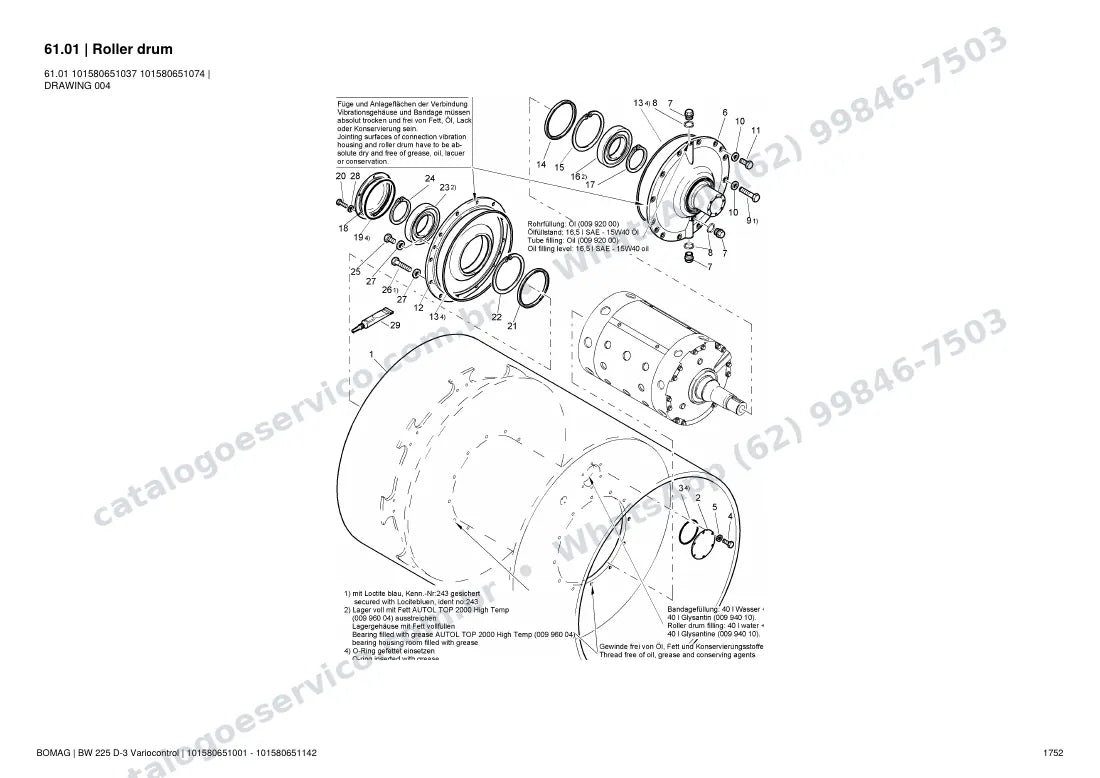 Catálogo de peças Bomag BW 225 D-3 Variocontrol: vista explodida do conjunto 61.01 Roller drum