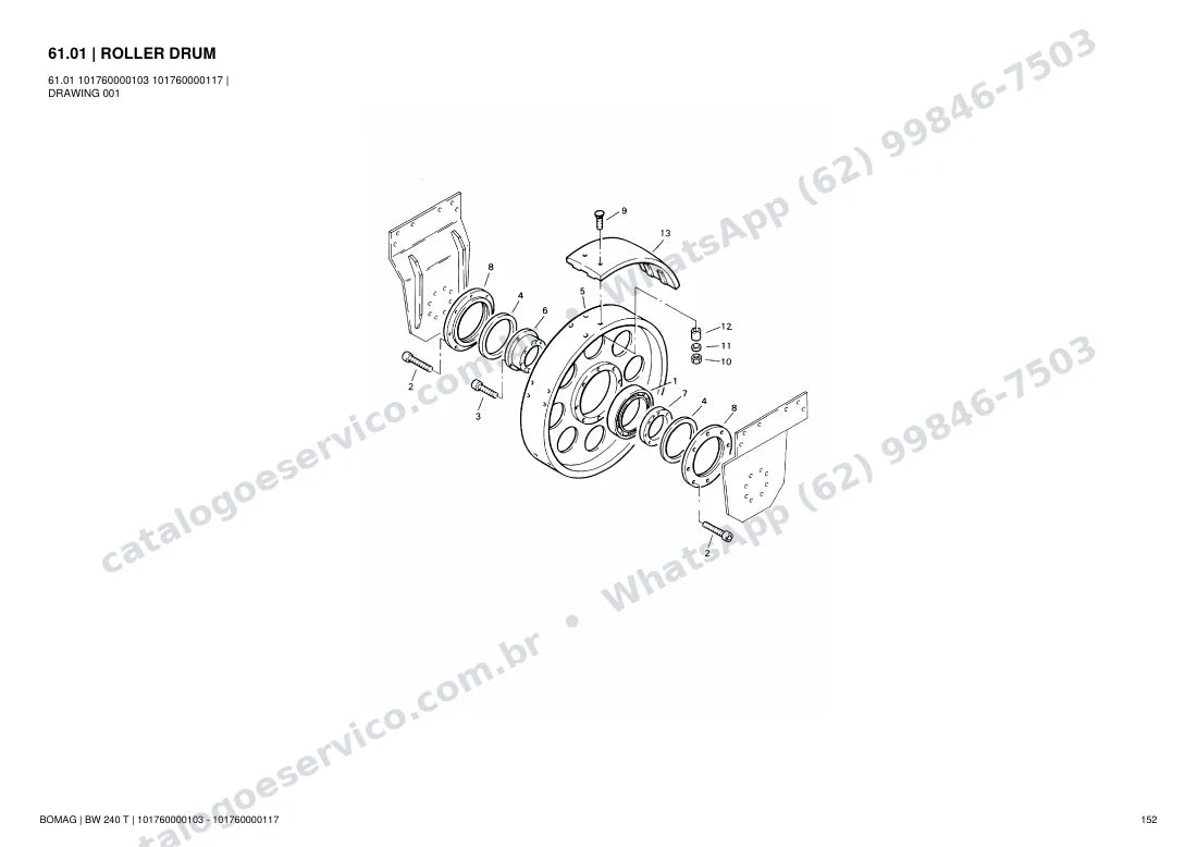 Catálogo de peças Bomag BW 240 T: vista explodida do conjunto 61.01 ROLLER DRUM