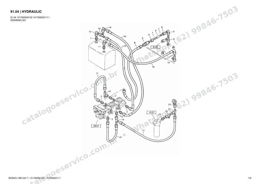 Catálogo de peças Bomag BW 240 T: vista explodida do conjunto 91.04 HYDRAULIC