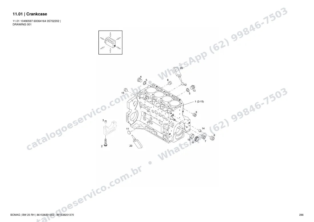 Catálogo de peças Bomag BW 25 RH: vista explodida do conjunto 11.01 Crankcase