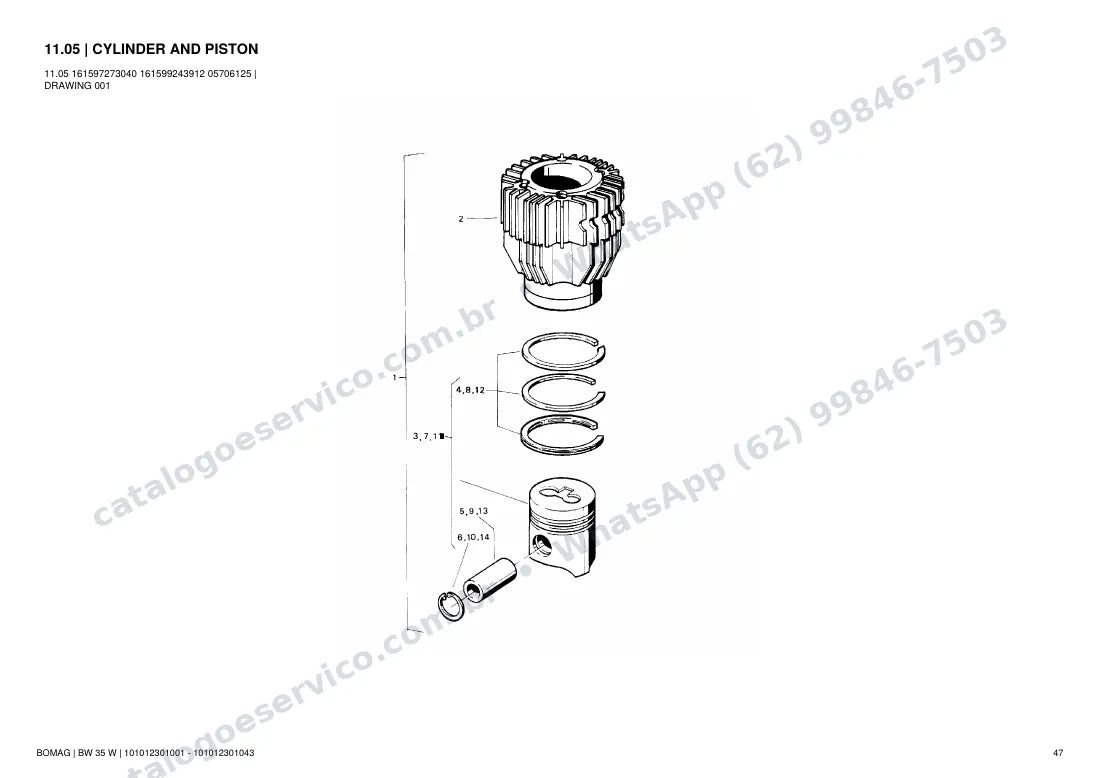 Catálogo de peças Bomag BW 35 W: vista explodida do conjunto 11.05 CYLINDER AND PISTON