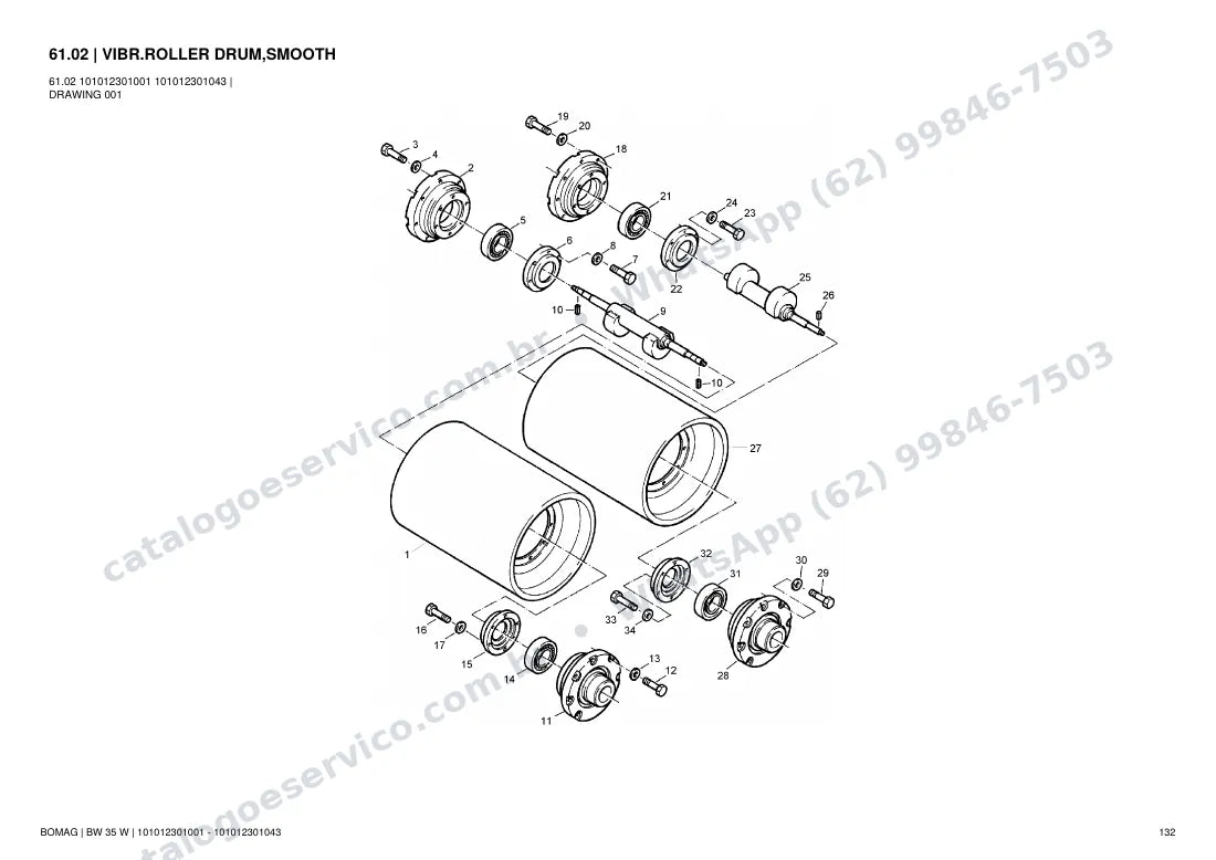 Catálogo de peças Bomag BW 35 W: vista explodida do conjunto 61.02 VIBR.ROLLER DRUM,SMOOTH