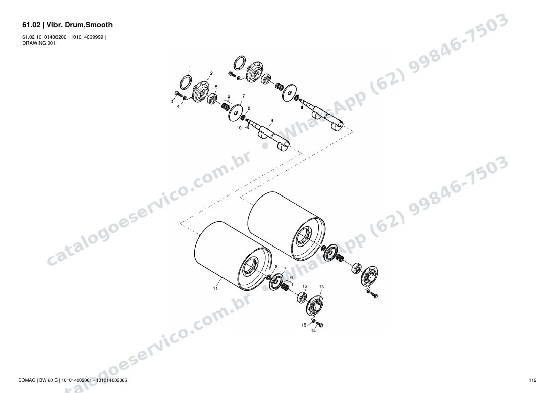 Catálogo de peças Bomag BW 60 S: vista explodida do conjunto 61.02 Vibr. Drum,Smooth