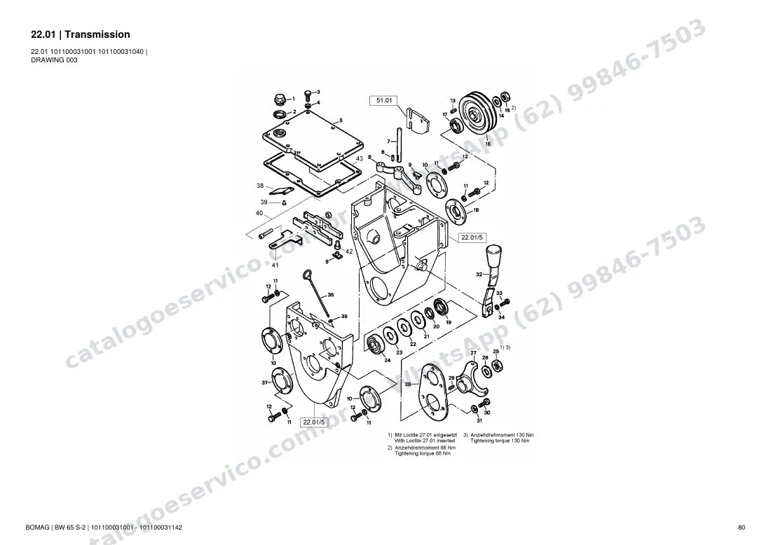Catálogo de peças Bomag BW 65 S-2: vista explodida do conjunto 22.01 Transmission