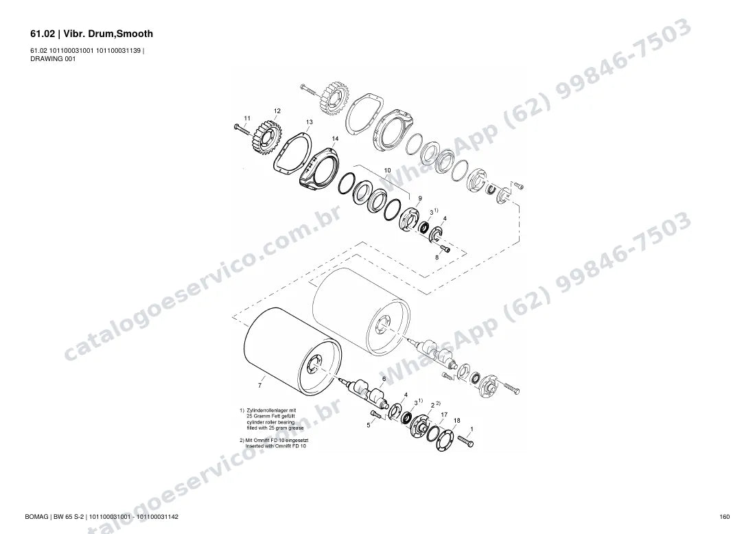Catálogo de peças Bomag BW 65 S-2: vista explodida do conjunto 61.02 Vibr. Drum,Smooth