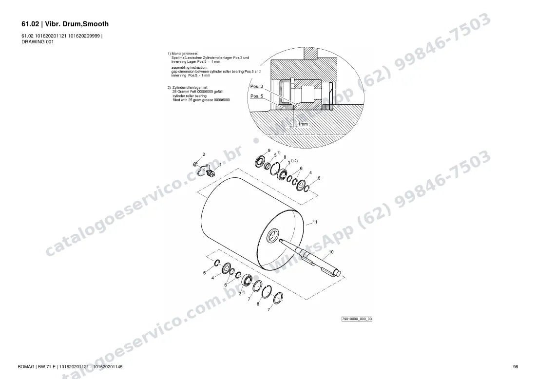 Catálogo de peças Bomag BW 71 E: vista explodida do conjunto 61.02 Vibr. Drum,Smooth