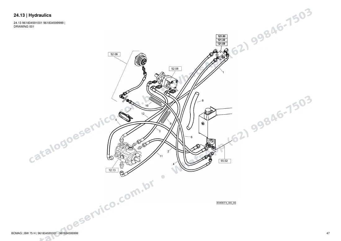 Catálogo de peças Bomag BW 75 H: vista explodida do conjunto 24.13 Hydraulics