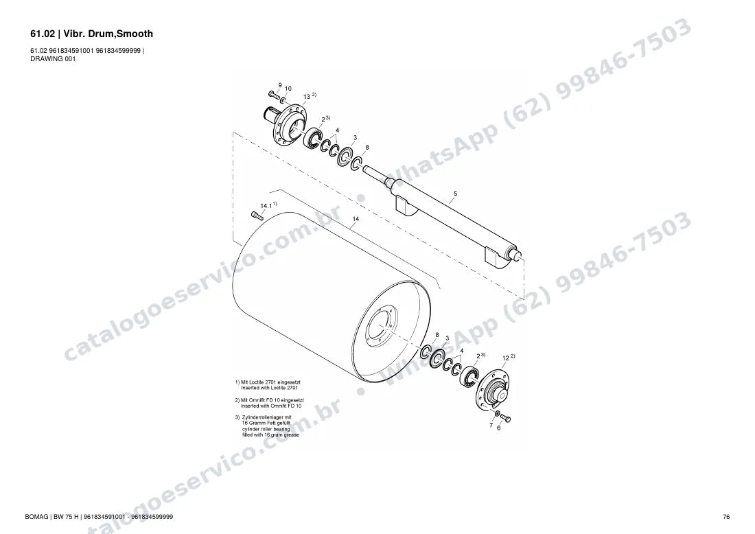 Catálogo de peças Bomag BW 75 H: vista explodida do conjunto 61.02 Vibr. Drum,Smooth