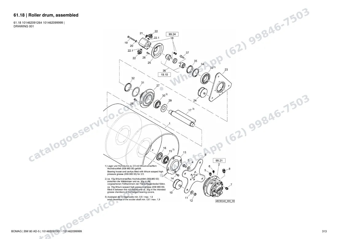 Catálogo de peças Bomag BW 80 AD-5: vista explodida do conjunto 61.18 Roller drum, assembled