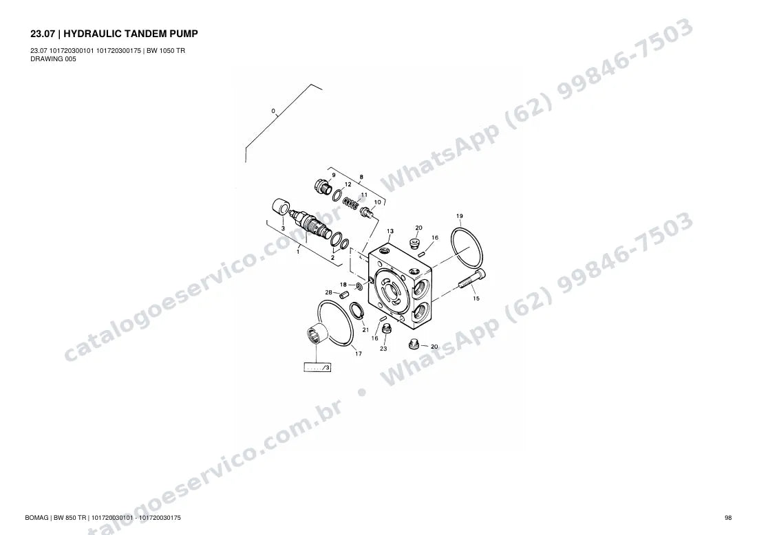 Catálogo de peças Bomag BW 850 TR: vista explodida do conjunto 23.07 HYDRAULIC TANDEM PUMP