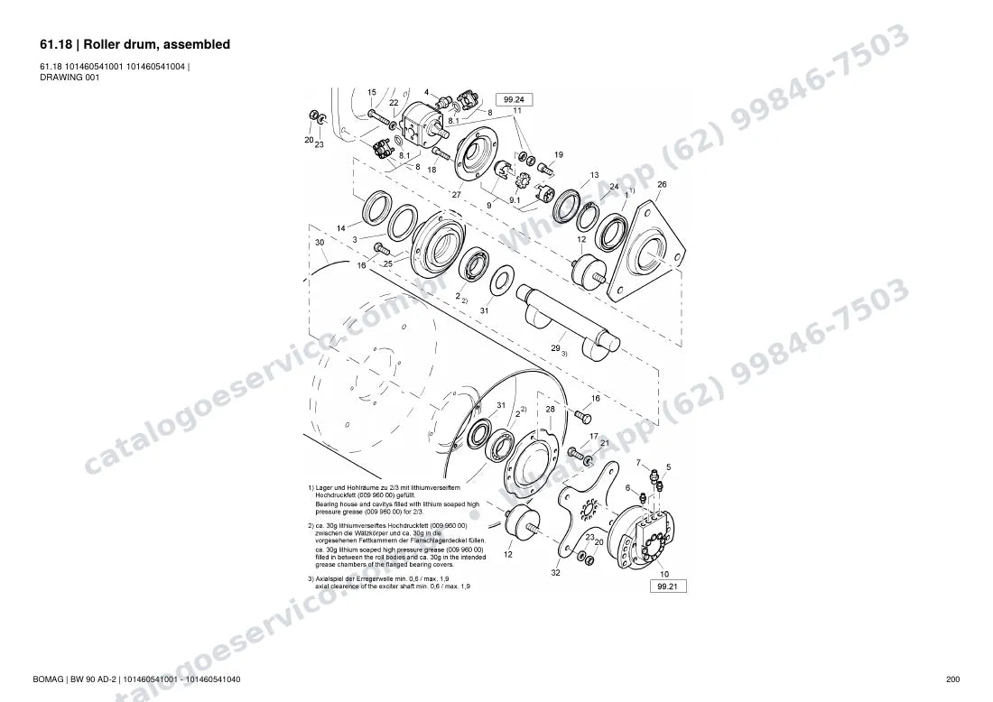 Catálogo de peças Bomag BW 90 AD-2: vista explodida do conjunto 61.18 Roller drum, assembled