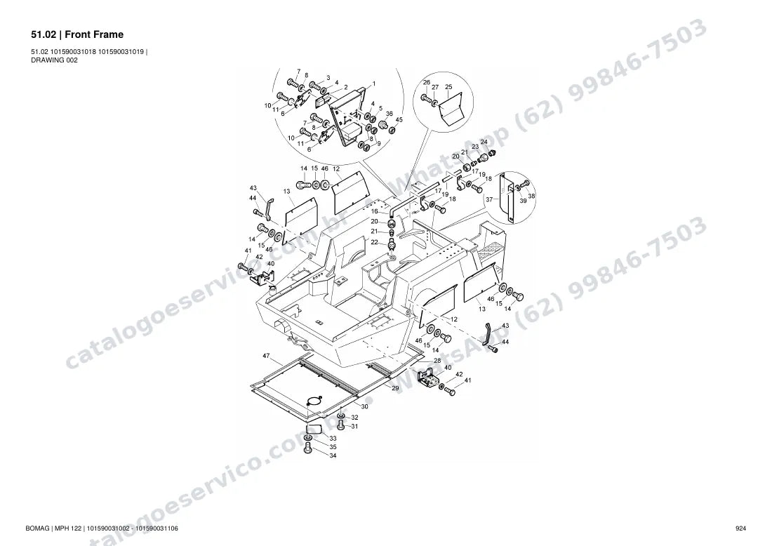 Catálogo de peças Bomag MPH 122: vista explodida do conjunto 51.02 Front Frame