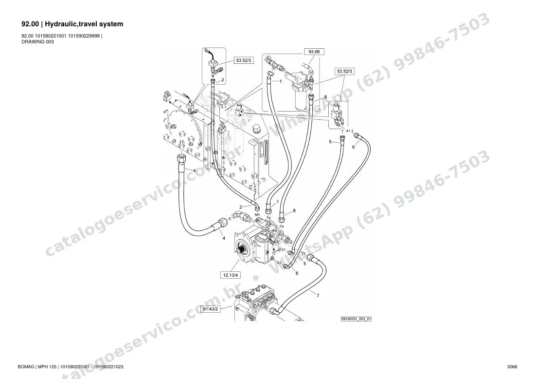 Catálogo de peças Bomag MPH 125: vista explodida do conjunto 92.00 Hydraulic,travel system