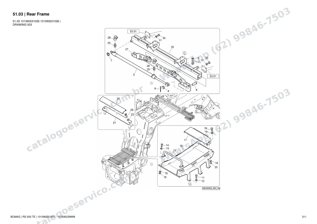 Catálogo de peças Bomag RS 500 TE: vista explodida do conjunto 51.03 Rear Frame