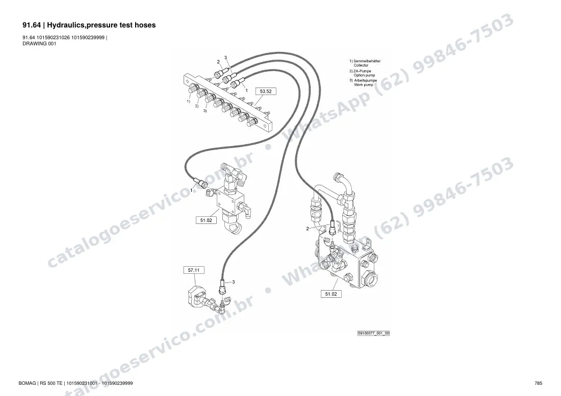 Catálogo de peças Bomag RS 500 TE: vista explodida do conjunto 91.64 Hydraulics,pressure test hoses