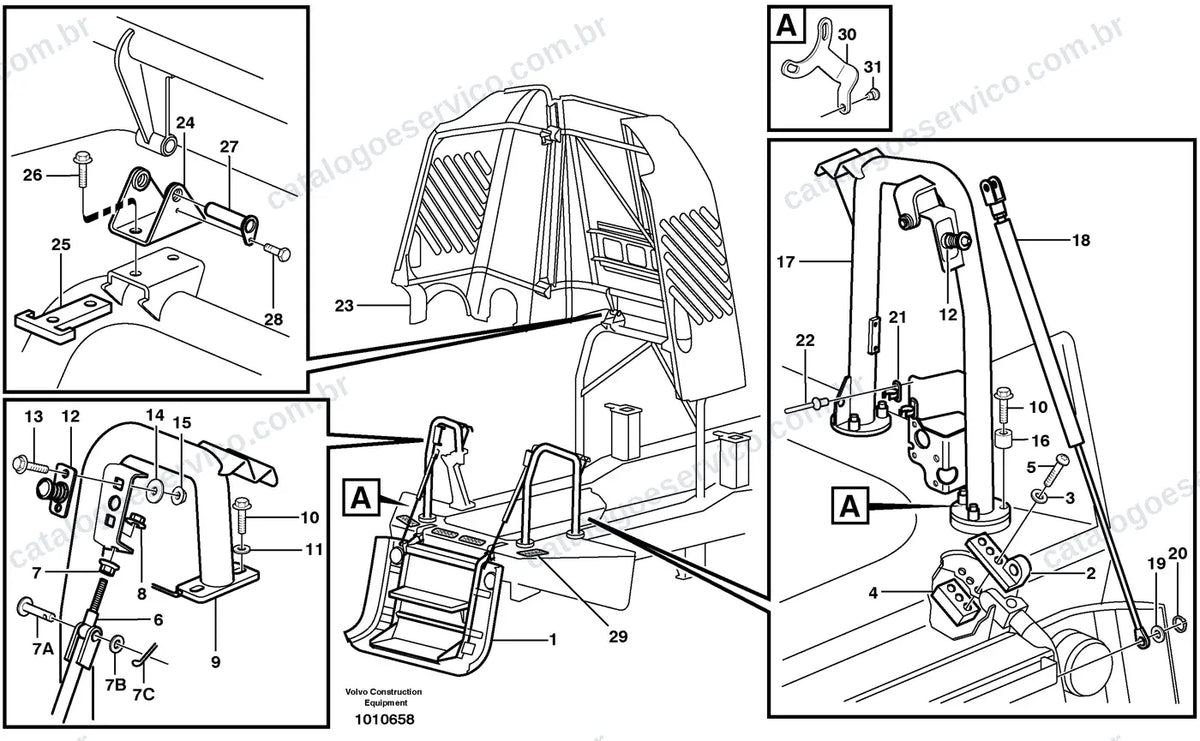 Vista explodida – cabine, carroceria e acessórios – Catálogo de Peças Volvo A40D