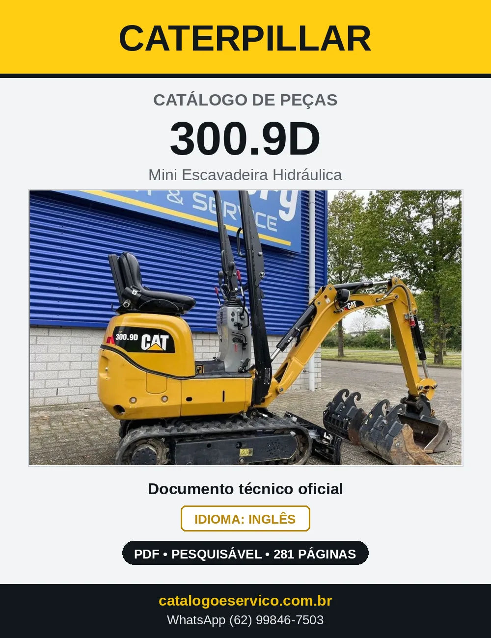 Capa do Catálogo de Peças Caterpillar 300.9D Mini Escavadeira — 281 páginas em PDF