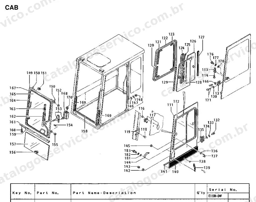 Catálogo de Peças Caterpillar E110B: vista explodida de cabine e posto do operador