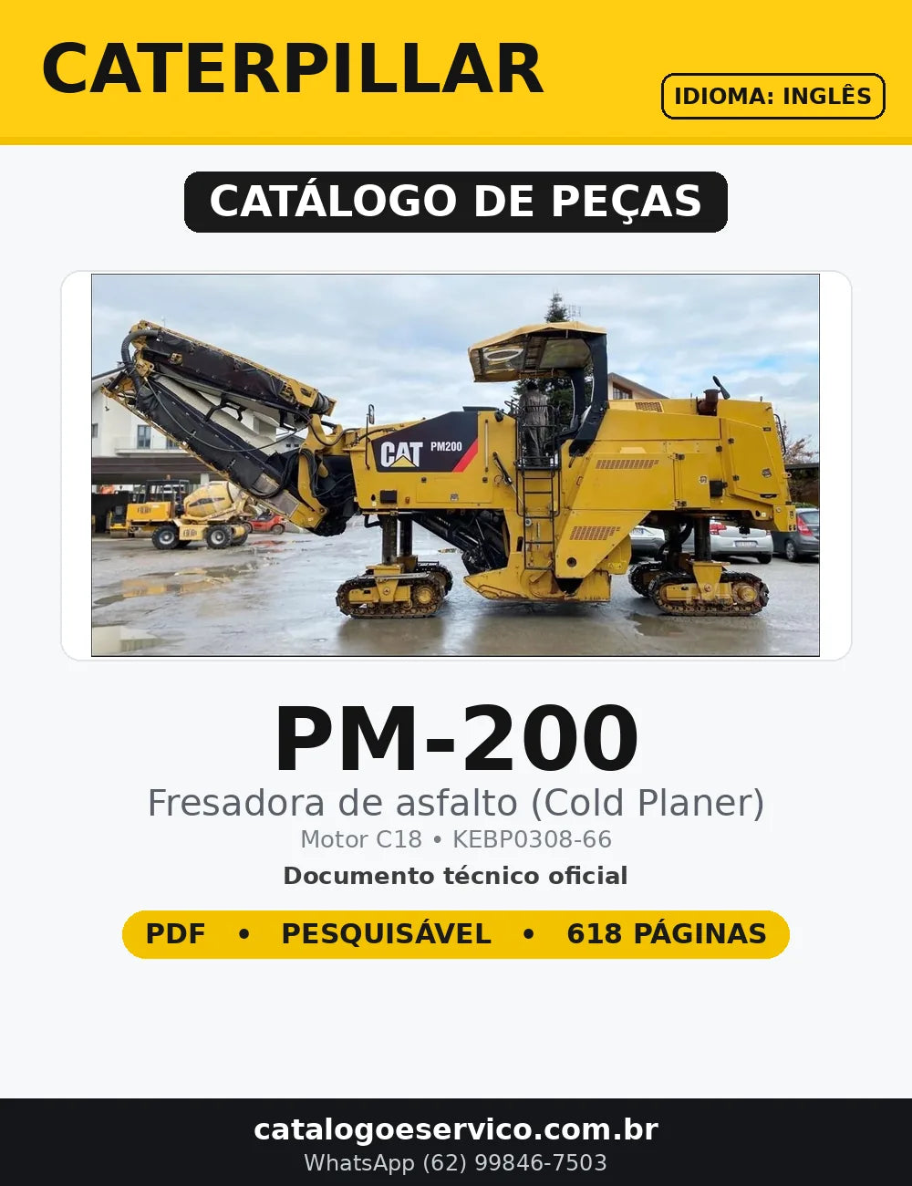 Catálogo de Peças Caterpillar PM-200 em PDF — capa do documento técnico (618 páginas, Inglês)