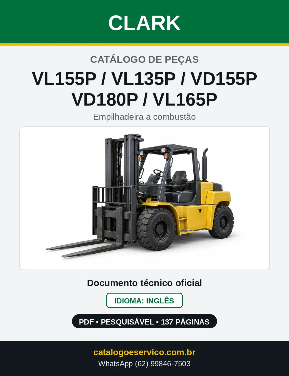 Catálogo de Peças Empilhadeira Diesel Clark VL155P / VL135P / VD155P / VD180P / VL165P (V1318) — capa