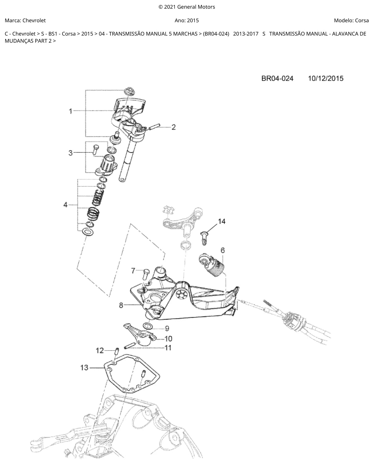 Página ilustrada do Catálogo de Peças Chevrolet Corsa 2015 com as posições numeradas
