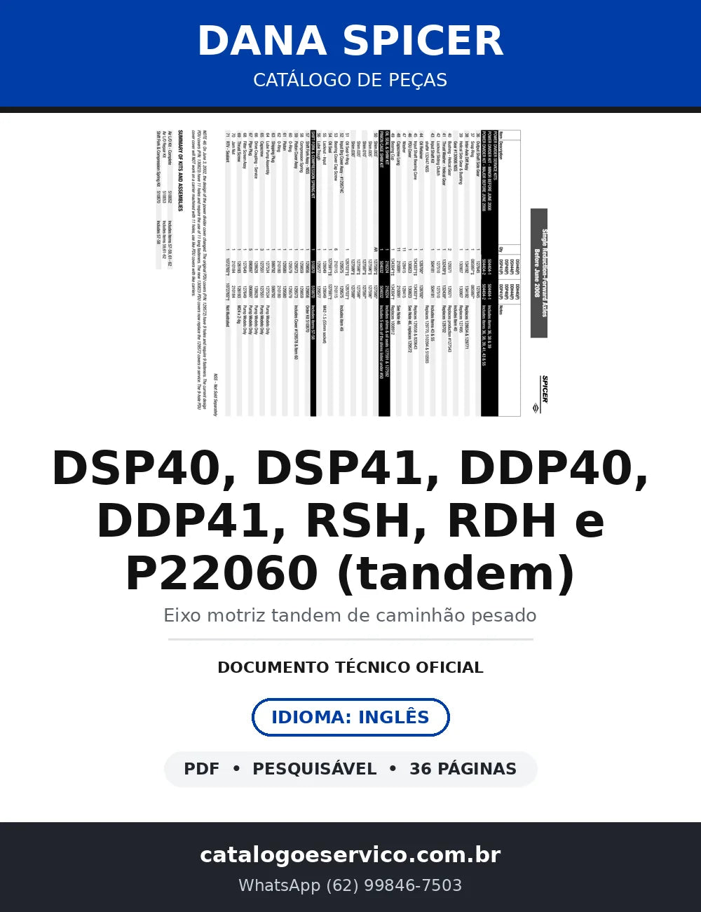 Catálogo de Peças Eixos Tandem Dana Spicer DSP40, DSP41, DDP40, DDP41, RSH e P22060 — capa