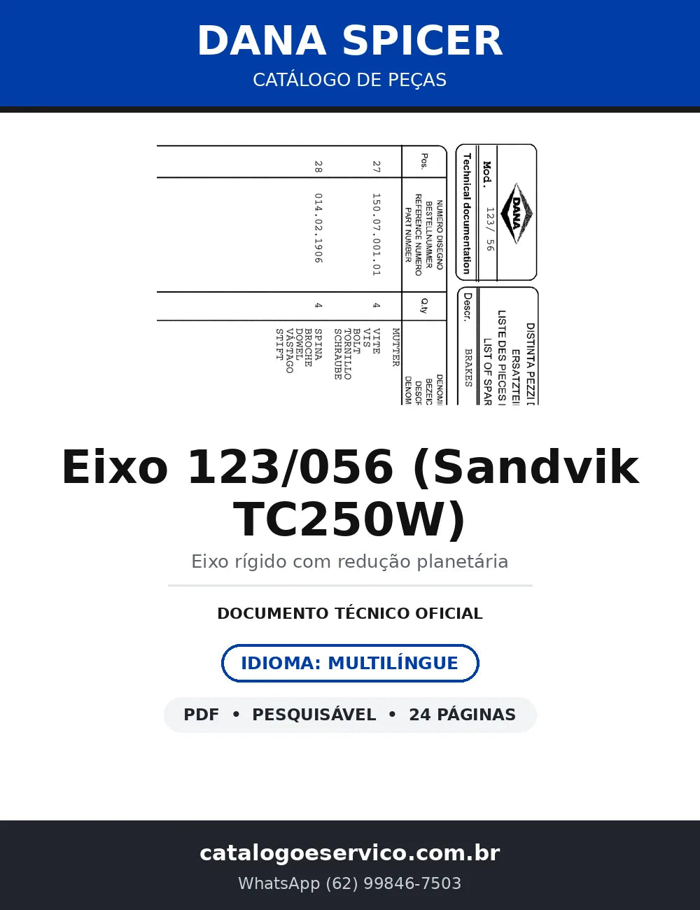 Catálogo de Peças Dana Spicer Eixo 123/056 – Perfuratriz Sandvik TC250W (multilíngue) — capa