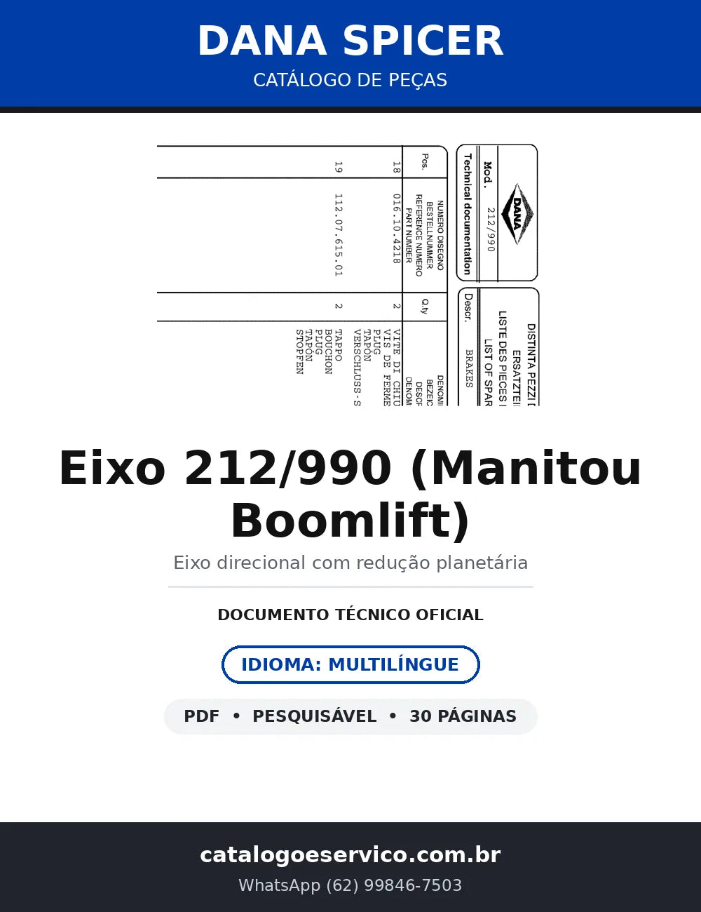 Catálogo de Peças Eixo Dana Spicer 212/990 Manitou Boomlift Direcional Epicicloidal — capa