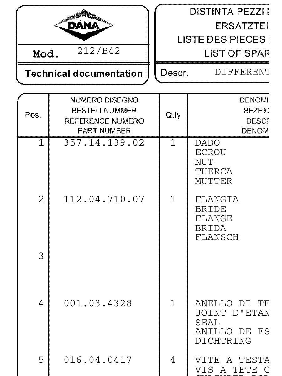 Catálogo de Peças Dana Spicer Eixo 212/B42 Putzmeister Mixcrete 4 (APL-4129) — página 1 do documento
