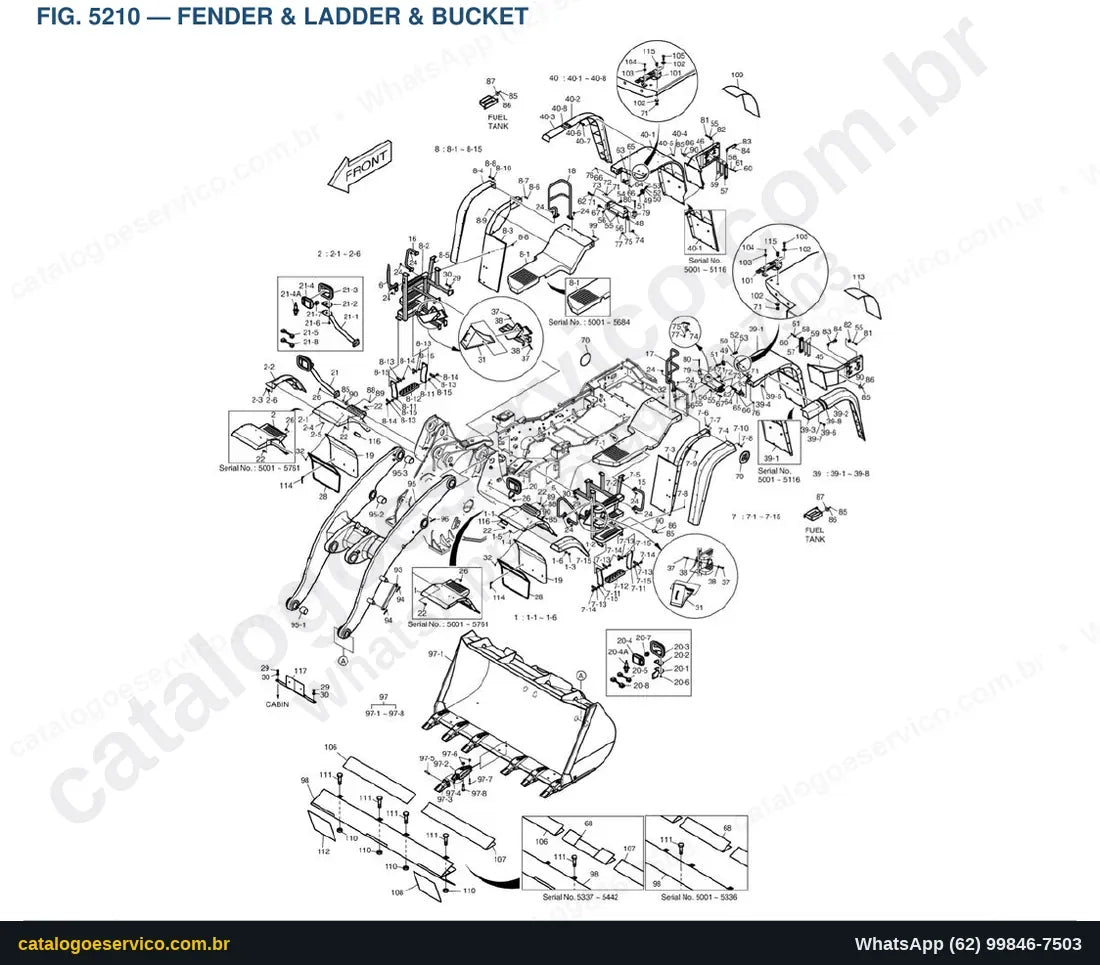 Vista explodida Fender & Ladder & Bucket - Catálogo de Peças Doosan DL400