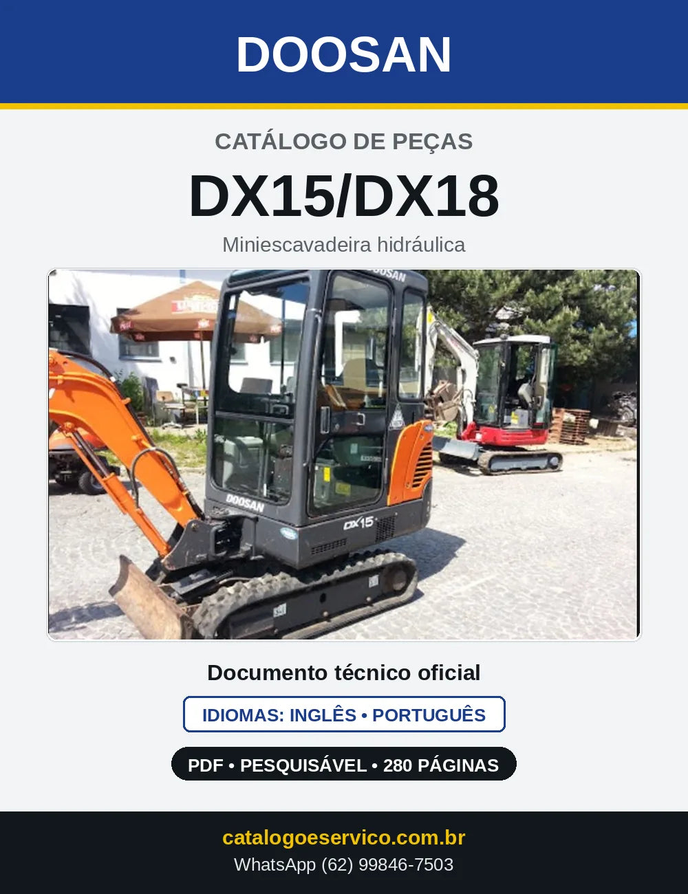 Capa do Catálogo de Peças Doosan DX15/DX18 em PDF, inglês e português