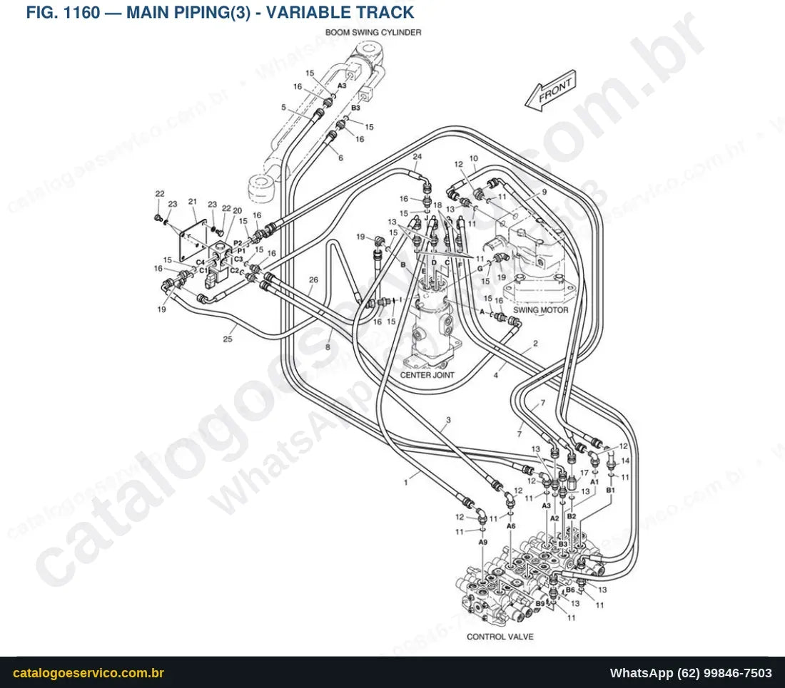 Vista explodida Main Piping(3) - Variable Track - Catálogo de Peças Doosan DX15/DX18