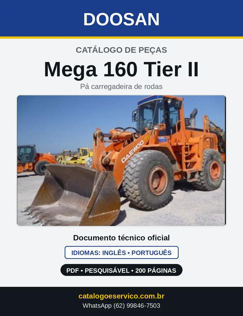Capa do Catálogo de Peças Doosan Mega 160 Tier II em PDF, inglês e português