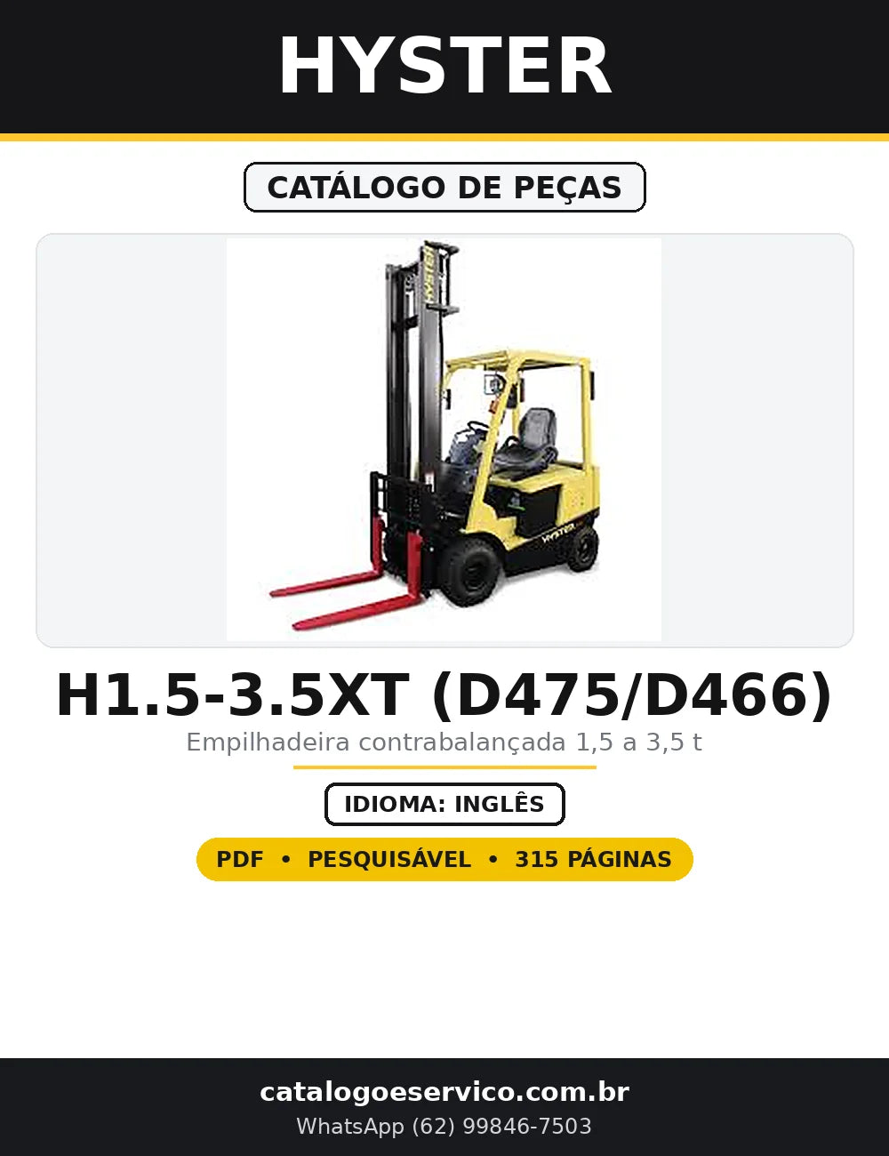 Capa do Catálogo de Peças Hyster H1.5-3.5XT (D475/D466) em PDF com 315 páginas