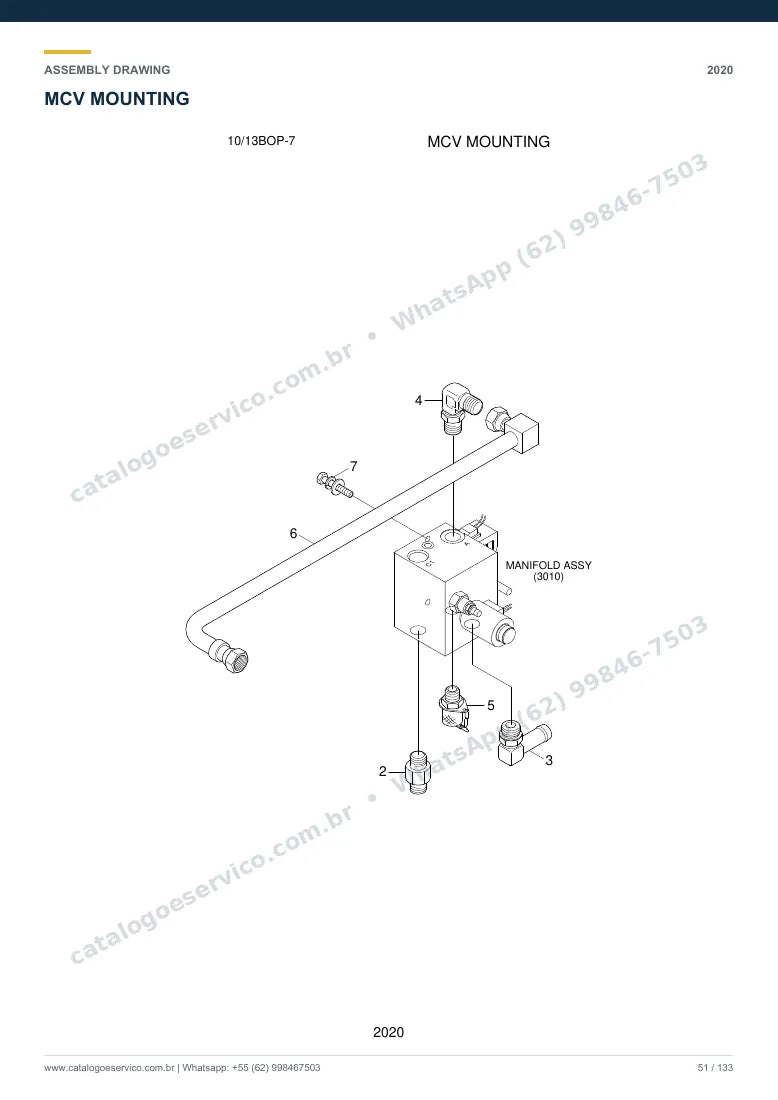 Catálogo de peças Hyundai 10/13BOP-7: desenho de montagem — bomba hidráulica e válvula de controle (MCV)