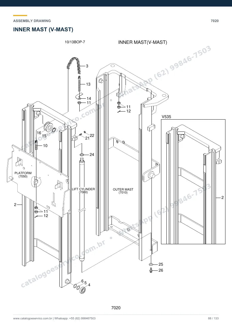 Catálogo de peças Hyundai 10/13BOP-7: desenho de montagem — torre, garfos e carro porta-garfos