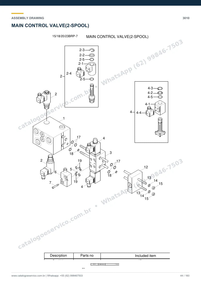 Catálogo de peças Hyundai 15/18/20/23BRP-7: desenho de montagem — bomba hidráulica e válvula de controle (MCV)