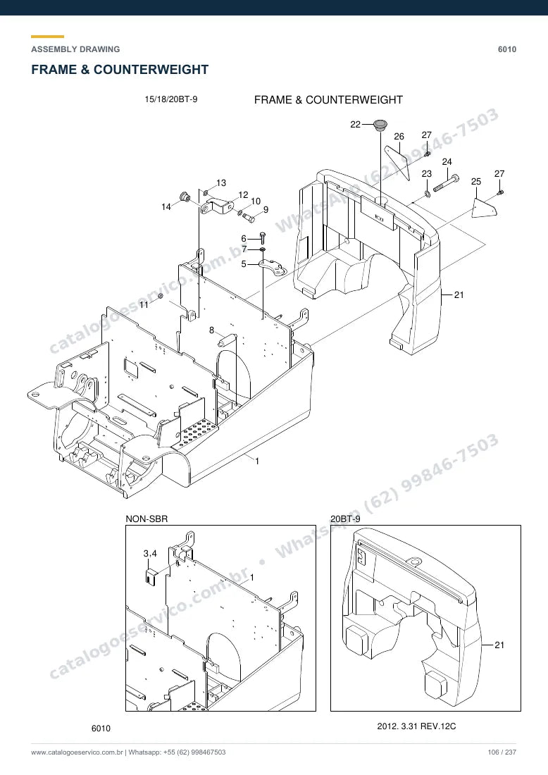 Catálogo de peças Hyundai 15/18/20BT-9: desenho de montagem — estrutura, capôs e contrapeso