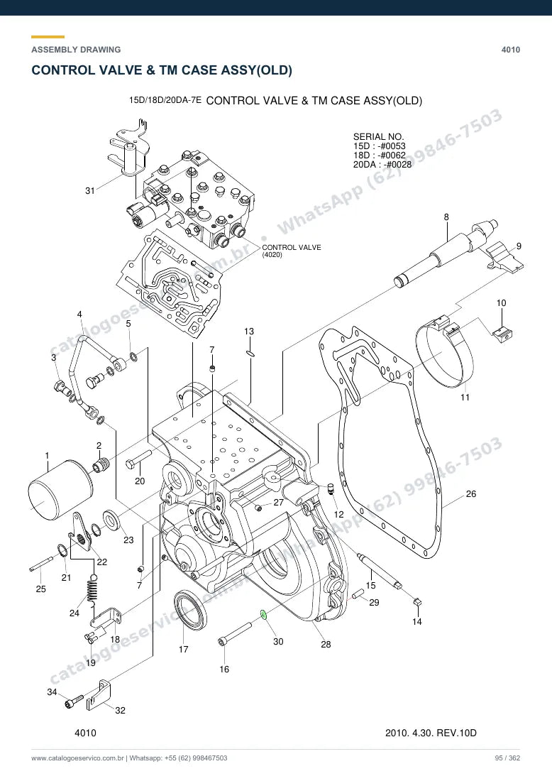 Catálogo de peças Hyundai 15D/18D/20DA-7E: desenho de montagem — transmissão e conversor de torque