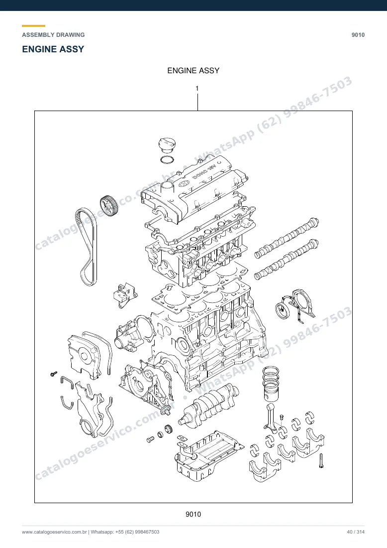 Catálogo de peças Hyundai 15G/18G/20GA-7: desenho de montagem — motor e componentes internos