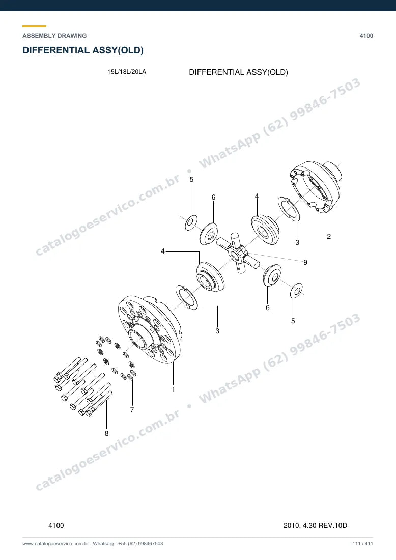 Catálogo de peças Hyundai 15L/18L/20LA-7: desenho de montagem — eixos, freios e rodas