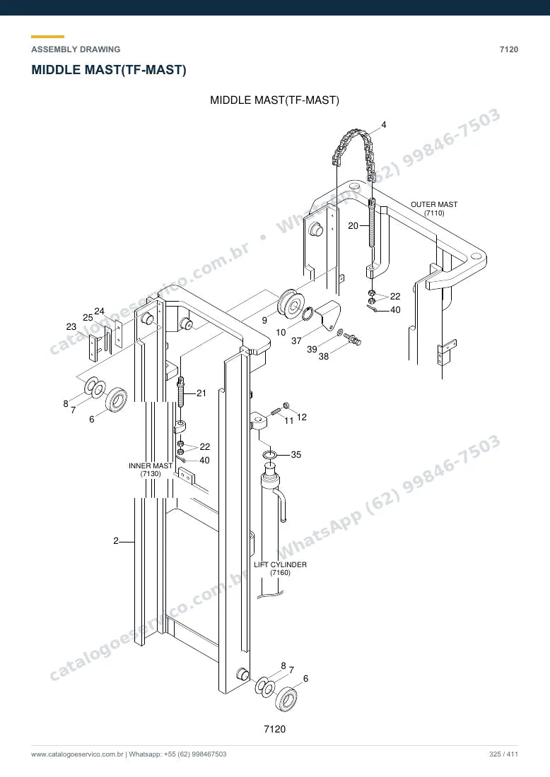 Catálogo de peças Hyundai 15L/18L/20LA-7: desenho de montagem — torre, garfos e carro porta-garfos