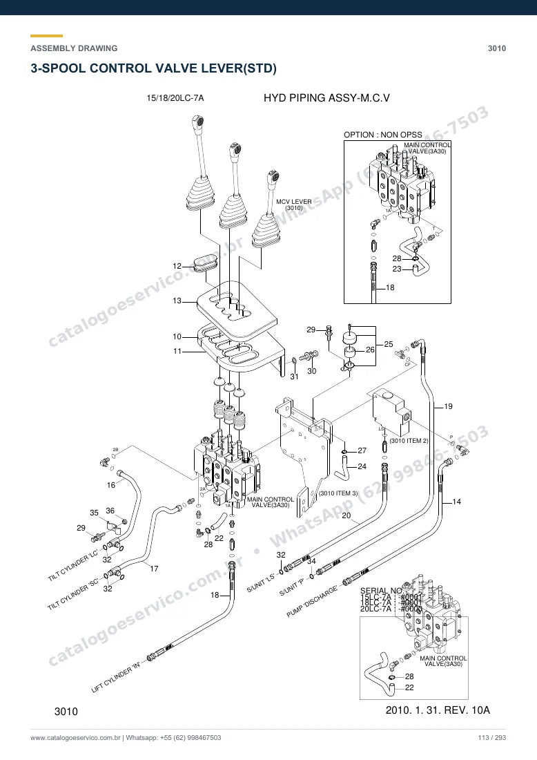 Catálogo de peças Hyundai 15LC/18LC/20LCA-7: desenho de montagem — bomba hidráulica e válvula de controle (MCV) (2)