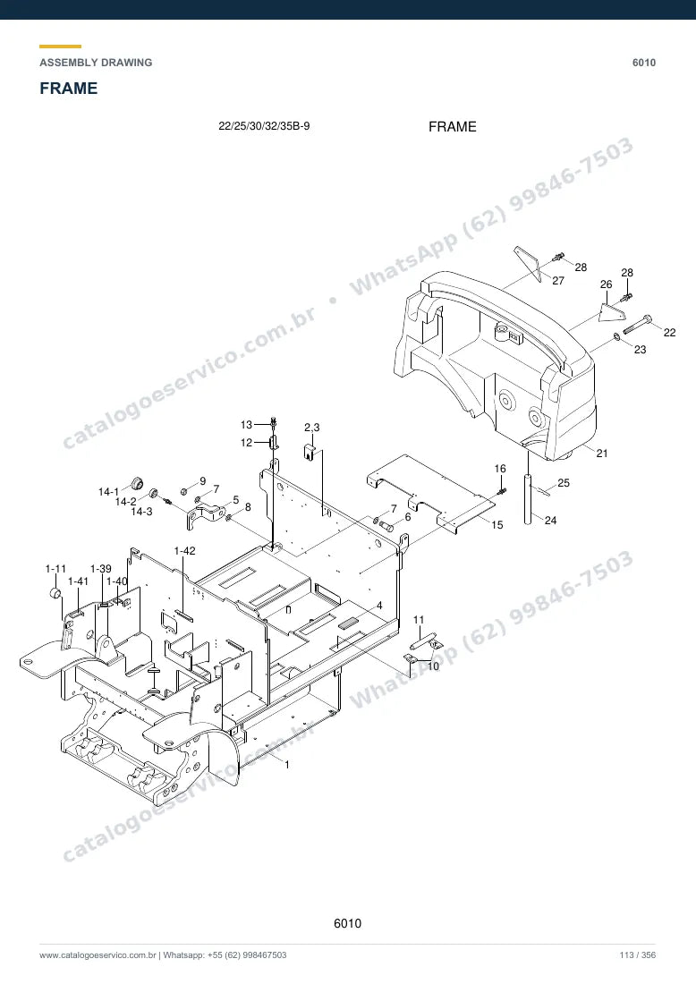 Catálogo de peças Hyundai 22/25/30/32/35B-9: desenho de montagem — estrutura, capôs e contrapeso