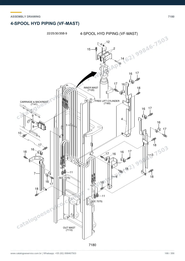Catálogo de peças Hyundai 22/25/30/32/35B-9: desenho de montagem — tubulações hidráulicas