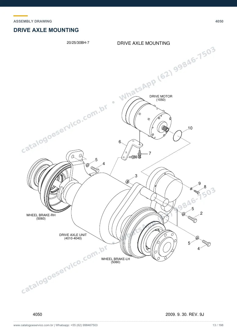 Catálogo de peças Hyundai 20BH/25BH/30BH-7: desenho de montagem — eixos, freios e rodas