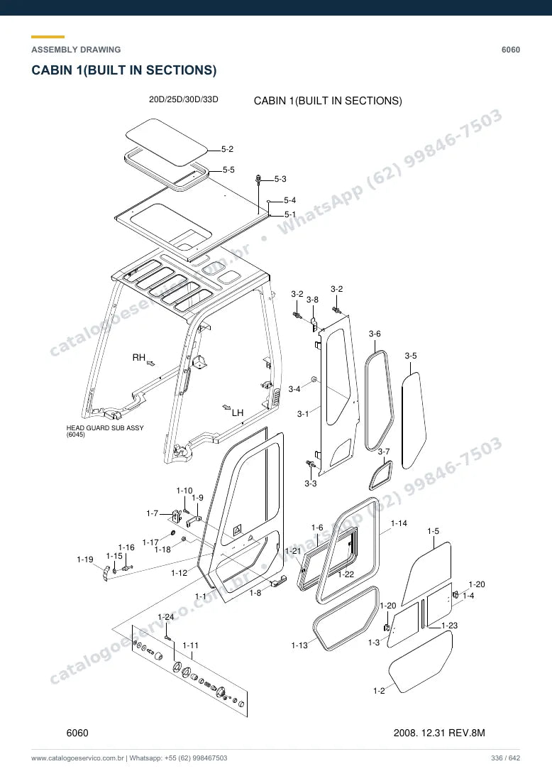 Catálogo de peças Hyundai 20D/25D/30D/33D-7: desenho de montagem — cabine, assento e comandos